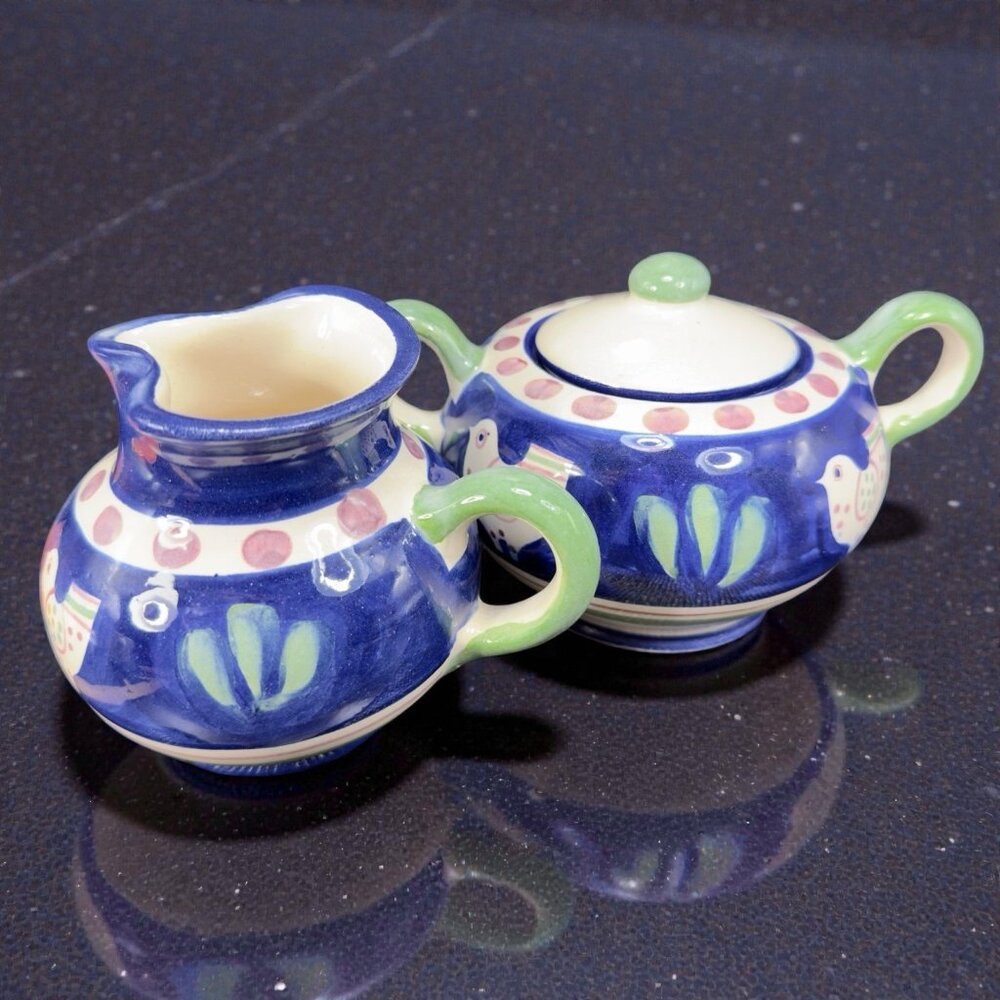 Mexican Pottery Necesito Mexico Hand Made Creamer Sugar Bowl Set Chicken Bird